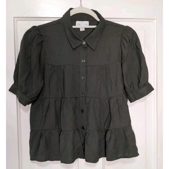 Jun & Ivy Tops - Jun & Ivy Blouse Tiered Ruffle Dainty Button Up Army Green Women's S Y2K (1206)